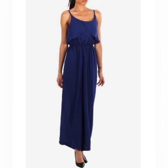 Navy blue ruffle chiffon maxi dress size XS - Picture 1 of 6
